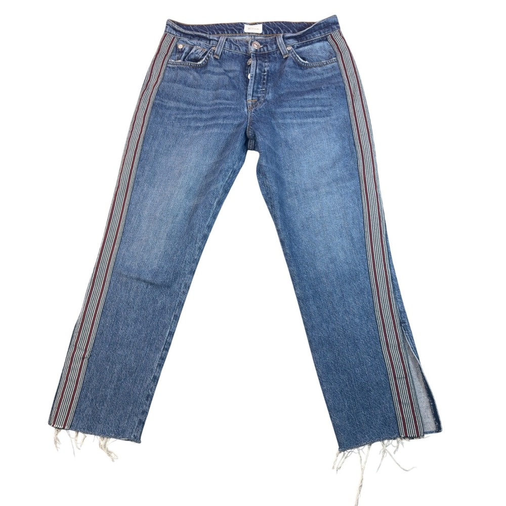 Hudson Jeans Womens 27 Blue Straight Leg Striped Side Tape Raw Hem Split Leg